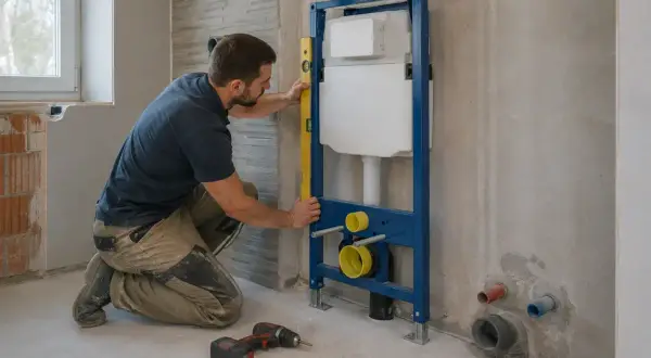 Instalator sprawdza poziomem, jak zabudować stelaż WC. Widać narzędzia i elementy instalacji.