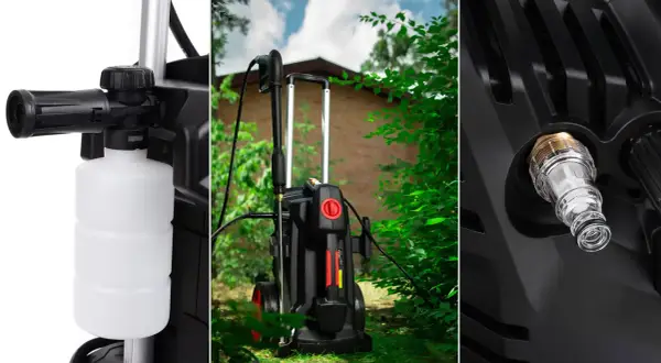Zbliżenie na dyszę z pojemnikiem na detergent i przyłącze wody, pokazujące, jak działa myjka ciśnieniowa.