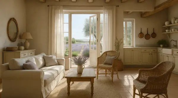 Przytulny styl prowansalski salon z widokiem na pola lawendy. Jasna sofa, wiklinowe fotele i drewniane belki tworzą sielski klimat.