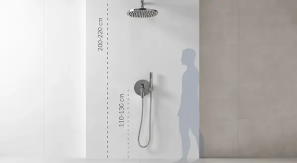 Wysokość baterii wannowej: deszczownica 200-220 cm, panel sterujący 110-130 cm. Sylwetka pokazuje idealne dopasowanie.
