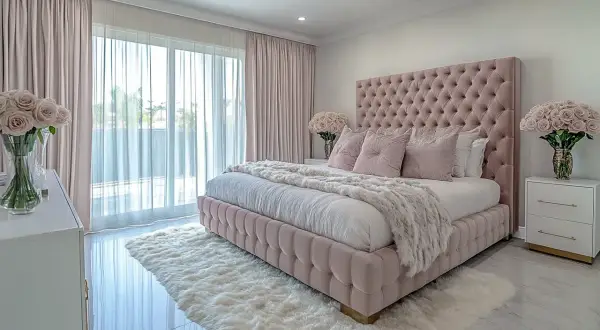 Sypialnia glamour inspiracje: różowe, pikowane łóżko, puchate dywaniki i bukiety róż tworzą luksusową atmosferę.