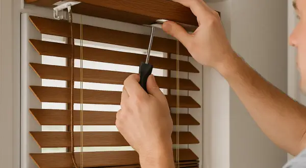 Mężczyzna reguluje mechanizm żaluzji drewnianych za pomocą śrubokręta.