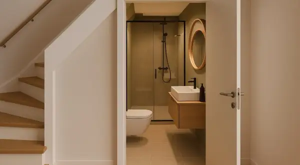 Nowoczesna łazienka z prysznicem, wiszącym wc i umywalką na jednej ścianie. Obok schody.