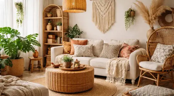 Przytulne mieszkanie w stylu boho z plecionymi meblami, mnóstwem roślin i makramą na ścianie.