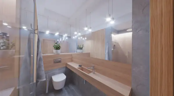 Nowoczesny projekt łazienki z drewnianym blatem, szarymi płytkami i podwieszaną toaletą.