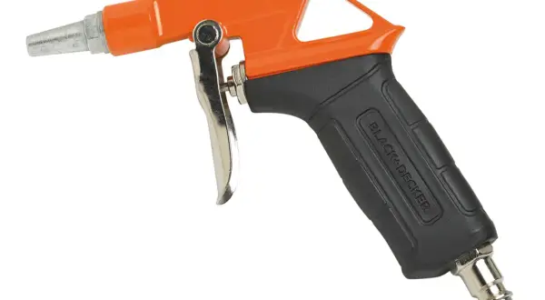 Pistolet do przedmuchiwania Black+Decker, firmy znanej z narzędzi, z pomarańczową obudową i czarną rękojeścią.