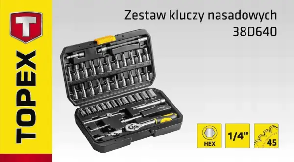 Zestaw kluczy nasadowych Topex 38D640 z grzechotką i bitami.