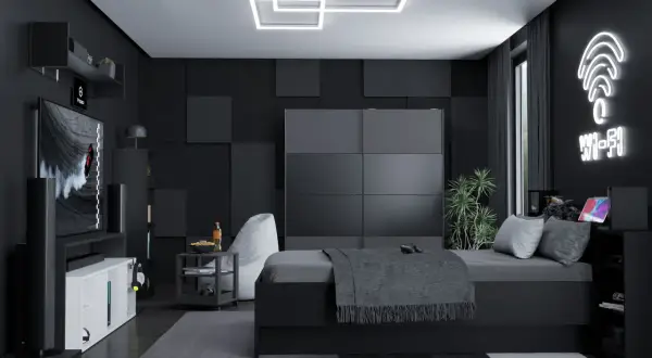 Cały czarny pokój z nowoczesnym łóżkiem, telewizorem i neonowym znakiem Wi-Fi. Idealne miejsce dla gracza.
