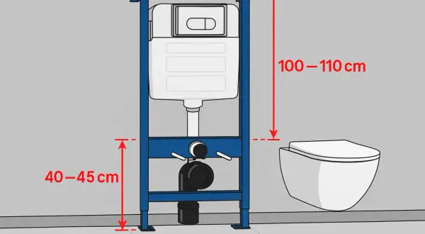 Stelaż WC z podwieszaną miską. Wymiary montażowe: 100-110 cm wysokości, 40-45 cm od podłogi do dolnej części stelaża.