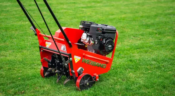 Czerwony aerator WEIBANG na zielonej trawie. Idealny moment, kiedy robić aerację trawnika, by zapewnić mu zdrowy wygląd.
