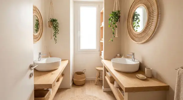 Urocza, mała łazienka w stylu boho z dwoma umywalkami, okrągłymi lustrami z rattanu i wiszącymi roślinami.