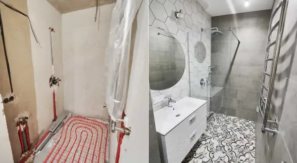 Łazienka w trakcie remontu i po: od gołych ścian z instalacją podłogowego ogrzewania do nowoczesnego wnętrza z prysznicem bez kabiny, umywalką i designerską podłogą.