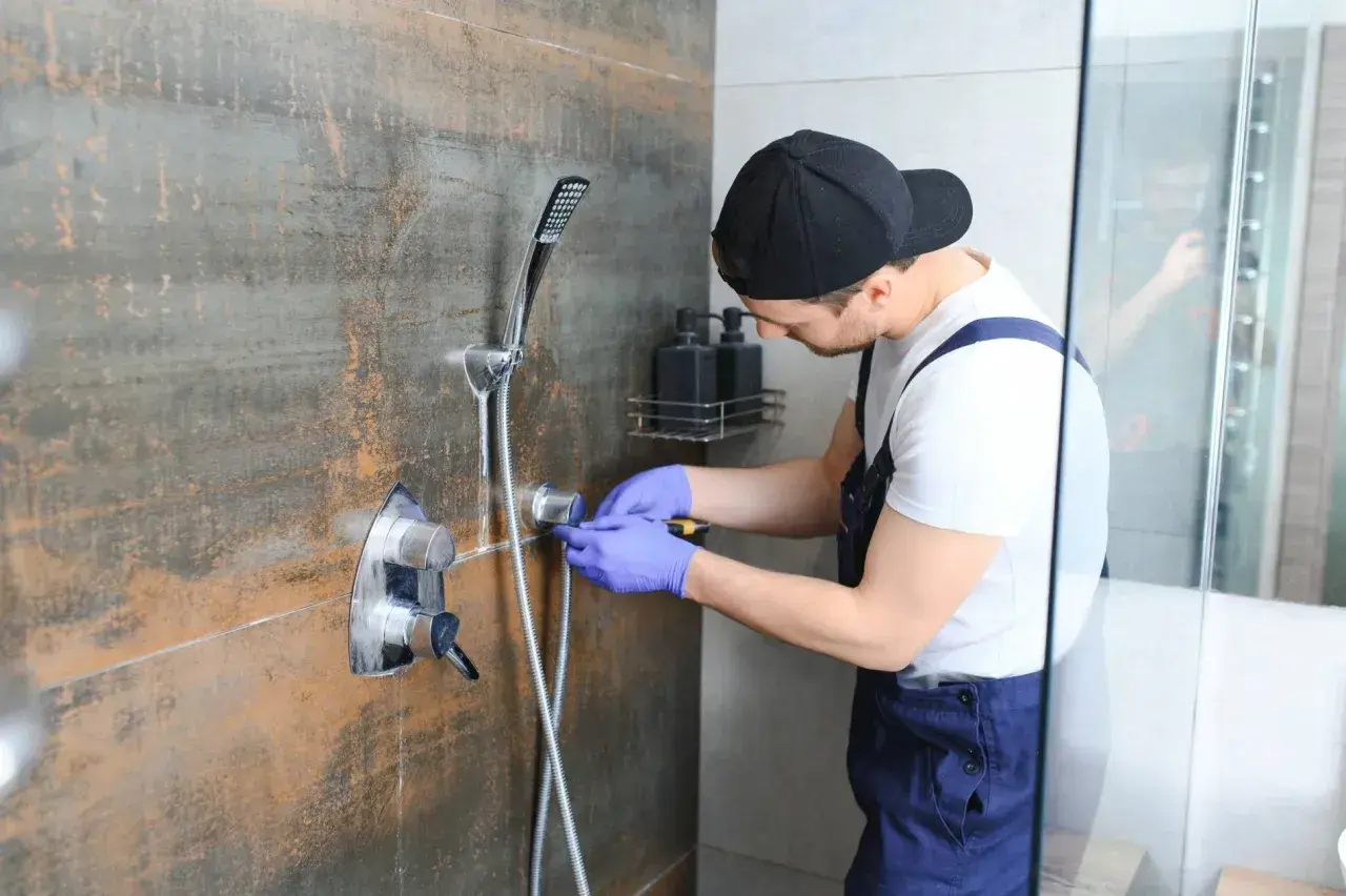 Instalator montuje deszczownicę do ściany, dbając o każdy detal.