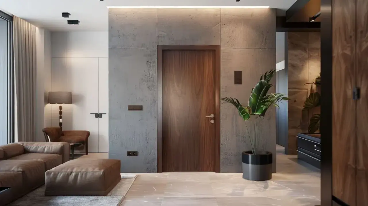 Nowoczesny przedpokój w stylu loft: beton, drewno, skóra. Inspiracje dla Twojego wnętrza.