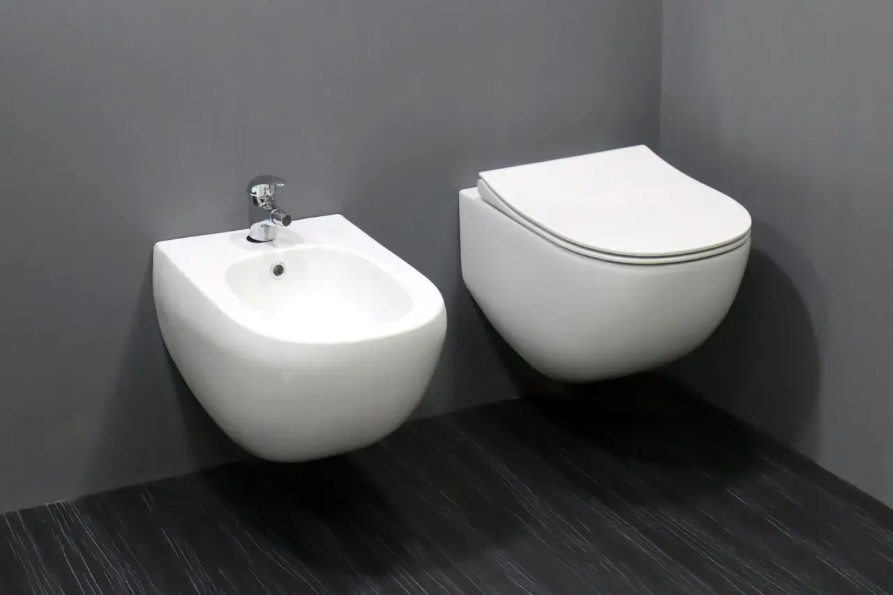 Biała, wisząca ceramika łazienkowa: bidet z baterią i przylegająca do niego miska WC.