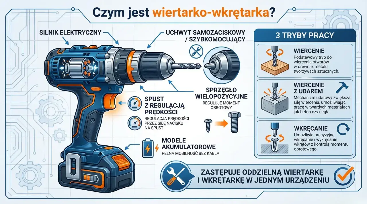 Ilustracja wiertarko-wkrętarki z opisem funkcji. Moment obrotowy (Nm) jest kluczowy dla precyzyjnego wkręcania.