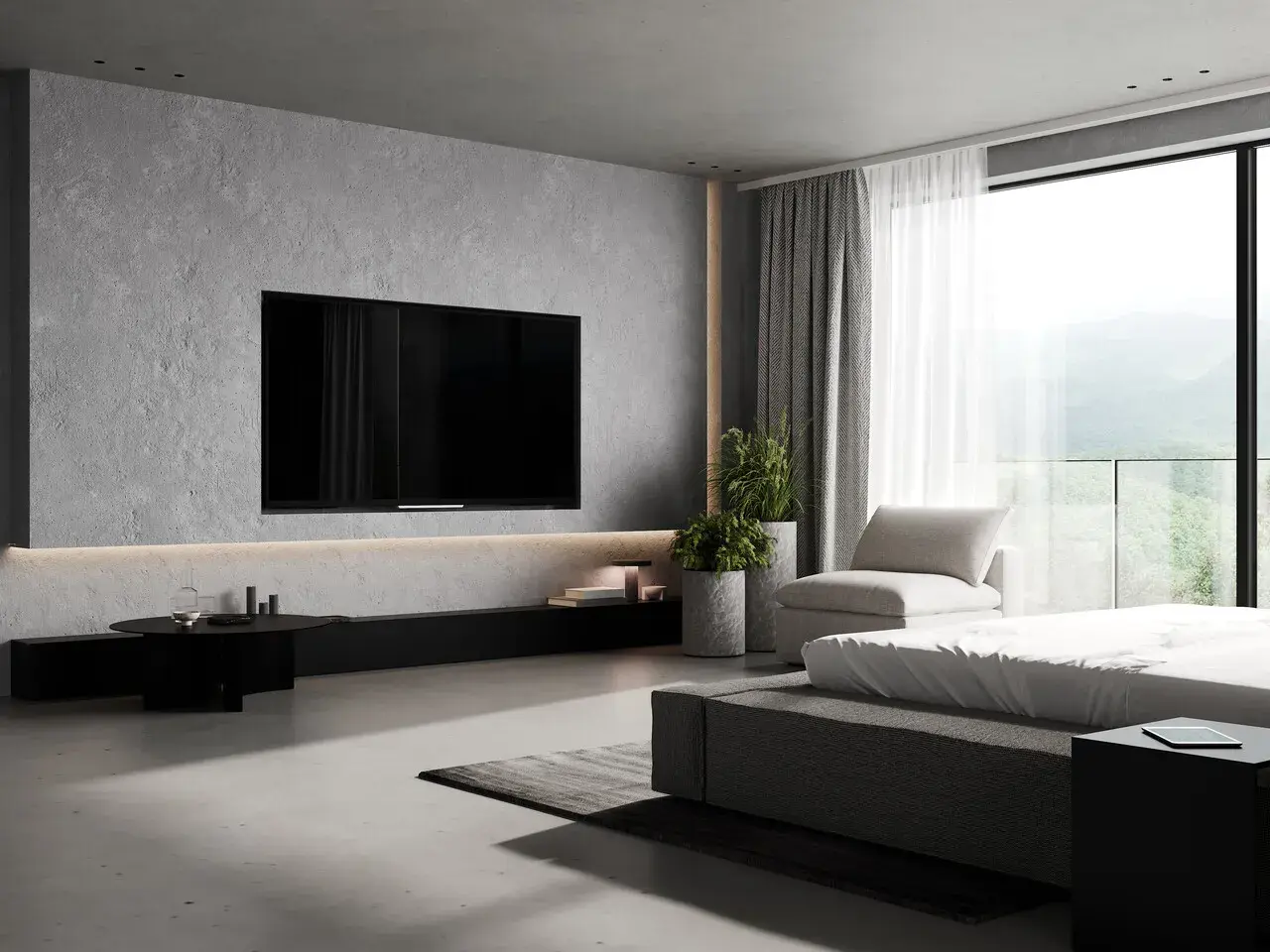 Nowoczesna ściana z TV w salonie, beton architektoniczny, minimalistyczne meble i widok na góry. Inspiracje dla Twojego wnętrza.
