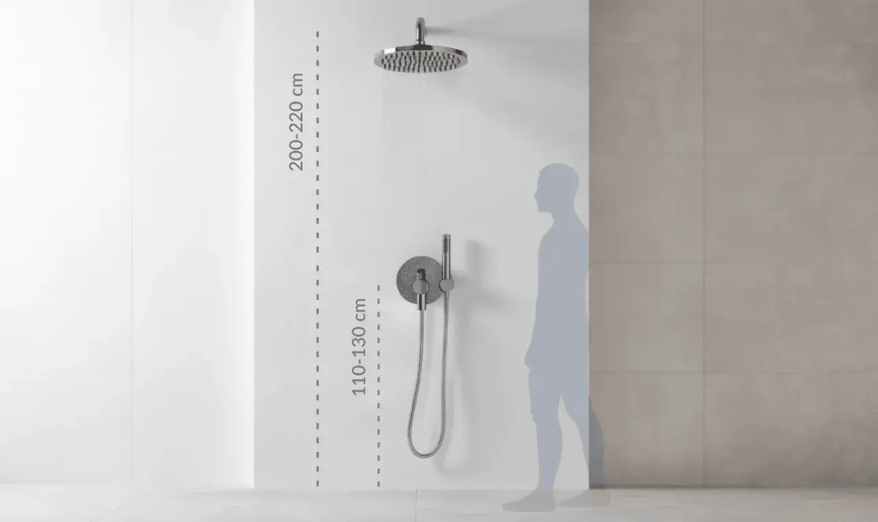 Wysokość baterii wannowej: deszczownica 200-220 cm, panel sterujący 110-130 cm. Sylwetka pokazuje idealne dopasowanie.