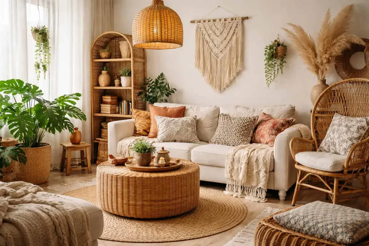 Przytulne mieszkanie w stylu boho z plecionymi meblami, mnóstwem roślin i makramą na ścianie.
