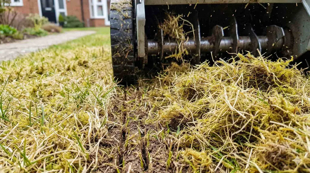 Maszyna do wertykulacji trawnika usuwa mech i filc, odsłaniając świeżą ziemię i młode źdźbła trawy.
