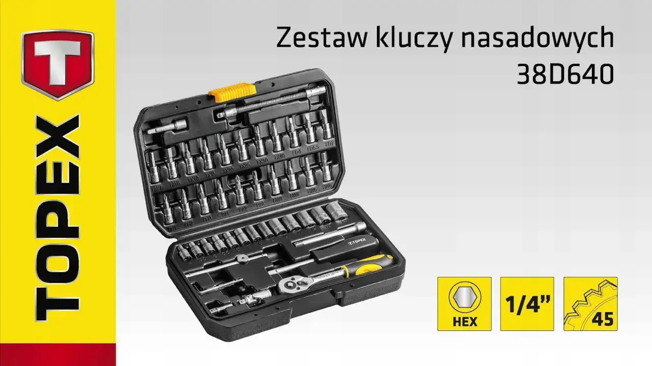 Zestaw kluczy nasadowych Topex 38D640 z grzechotką i bitami.