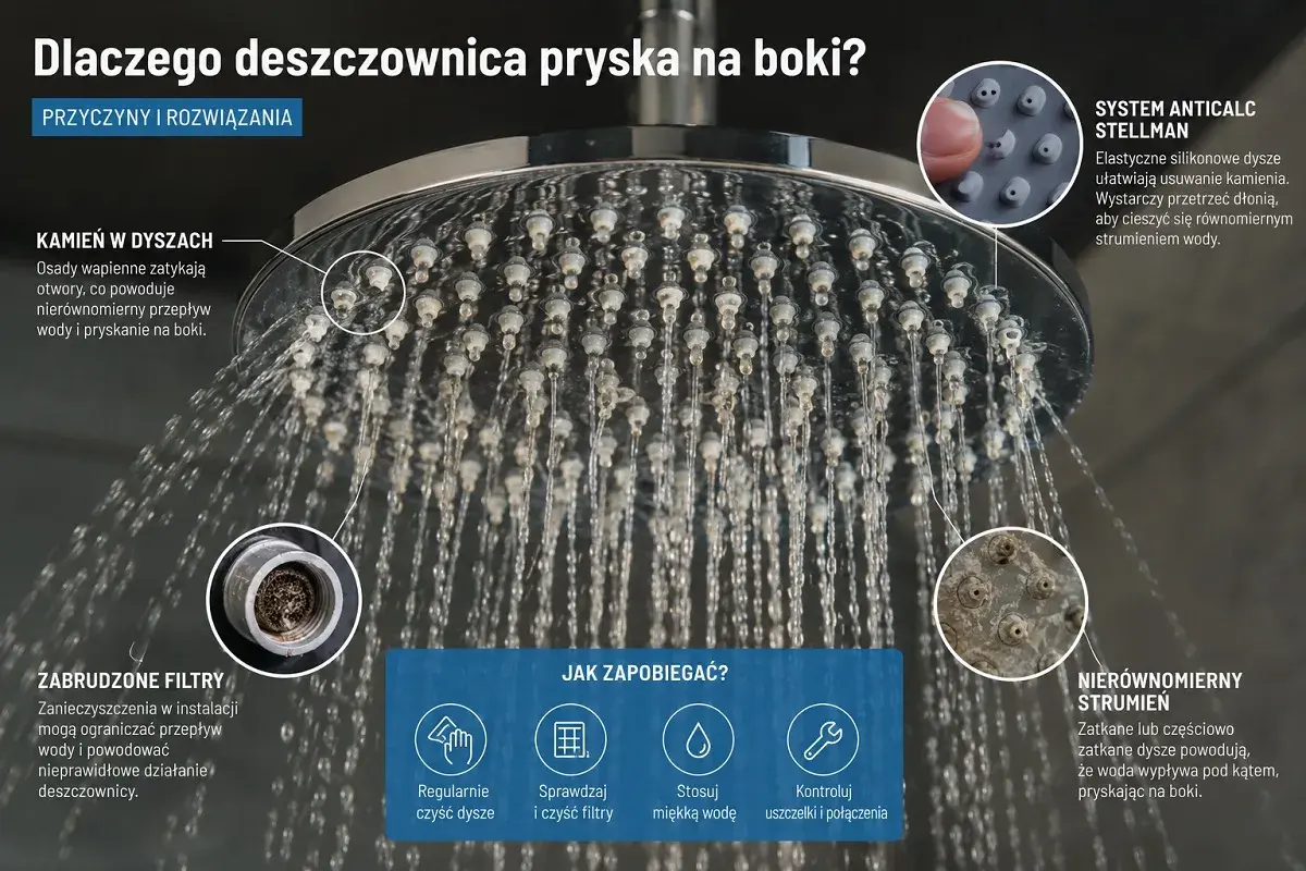Jak odkamienić deszczownicę? Kamień w dyszach i zabrudzone filtry powodują nierównomierny strumień. Regularnie czyść dysze i filtry, by cieszyć się idealnym prysznicem.