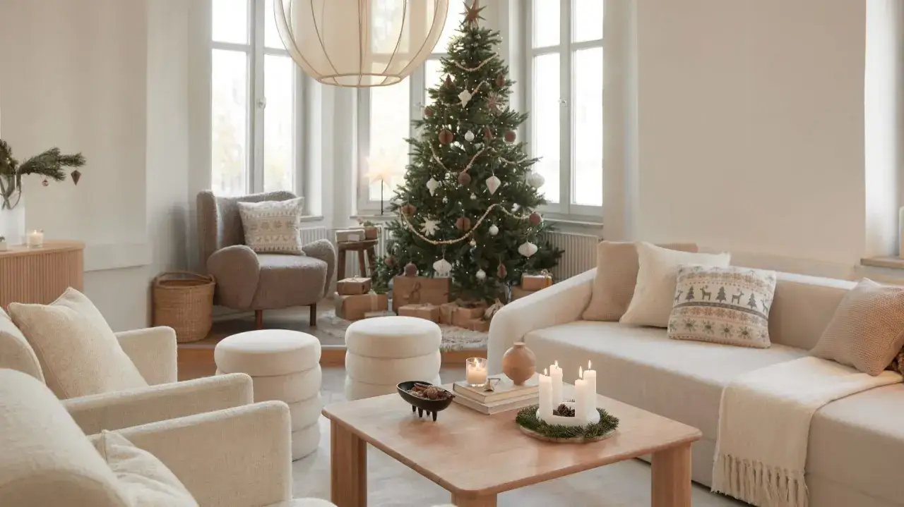 Przytulny salon w naturalnych barwach, idealny do inspiracji, jak udekorować salon na Boże Narodzenie. Choinka, prezenty i świece tworzą świąteczny klimat.