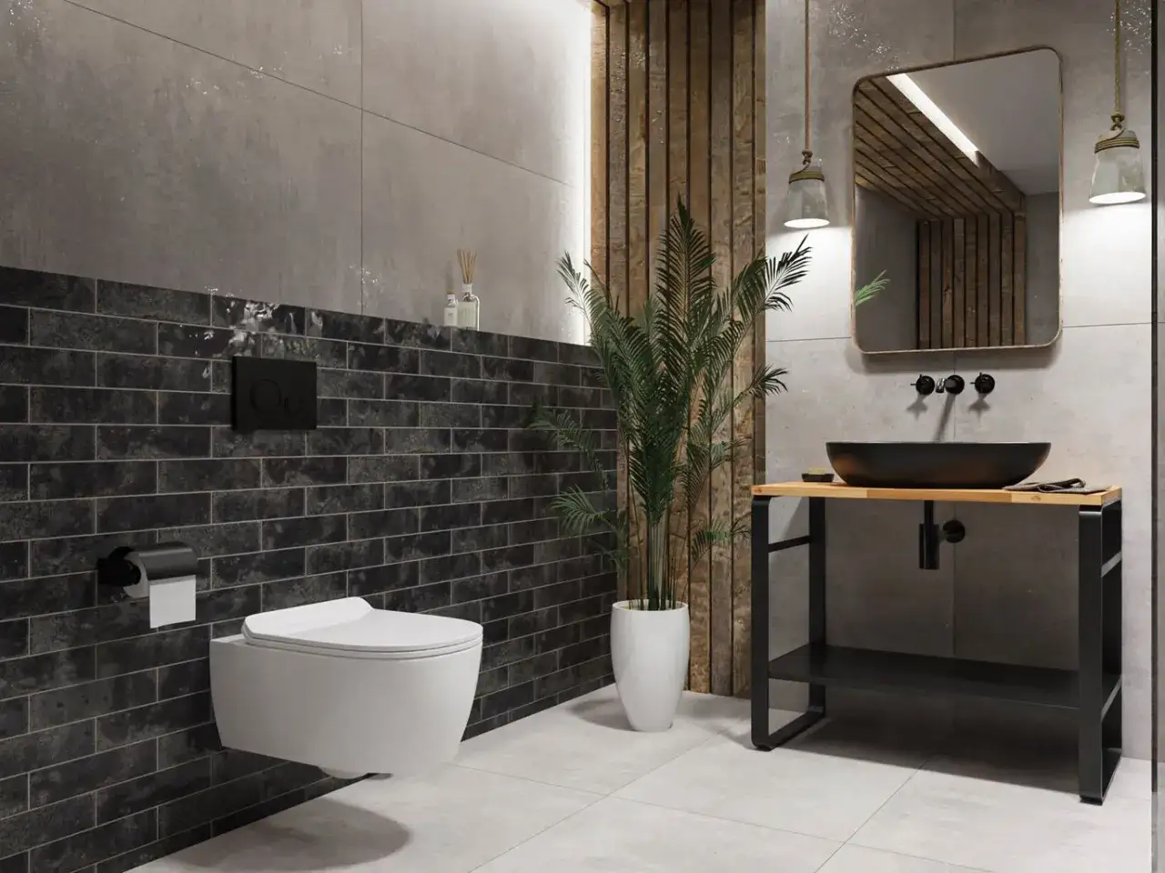 Nowoczesna łazienka w stylu loft z czarną cegłą, betonem i drewnem. Wisząca biała miska WC i umywalka nablatowa w czarnej misie.