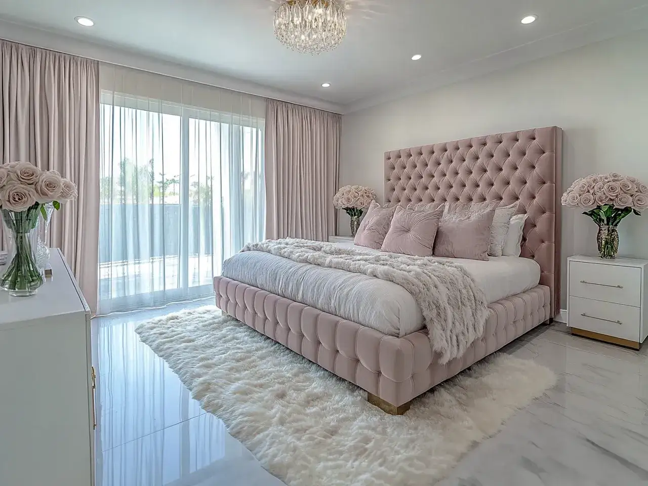 Sypialnia glamour inspiracje: różowe, pikowane łóżko, puchate dywaniki i kryształowy żyrandol tworzą luksusową atmosferę.