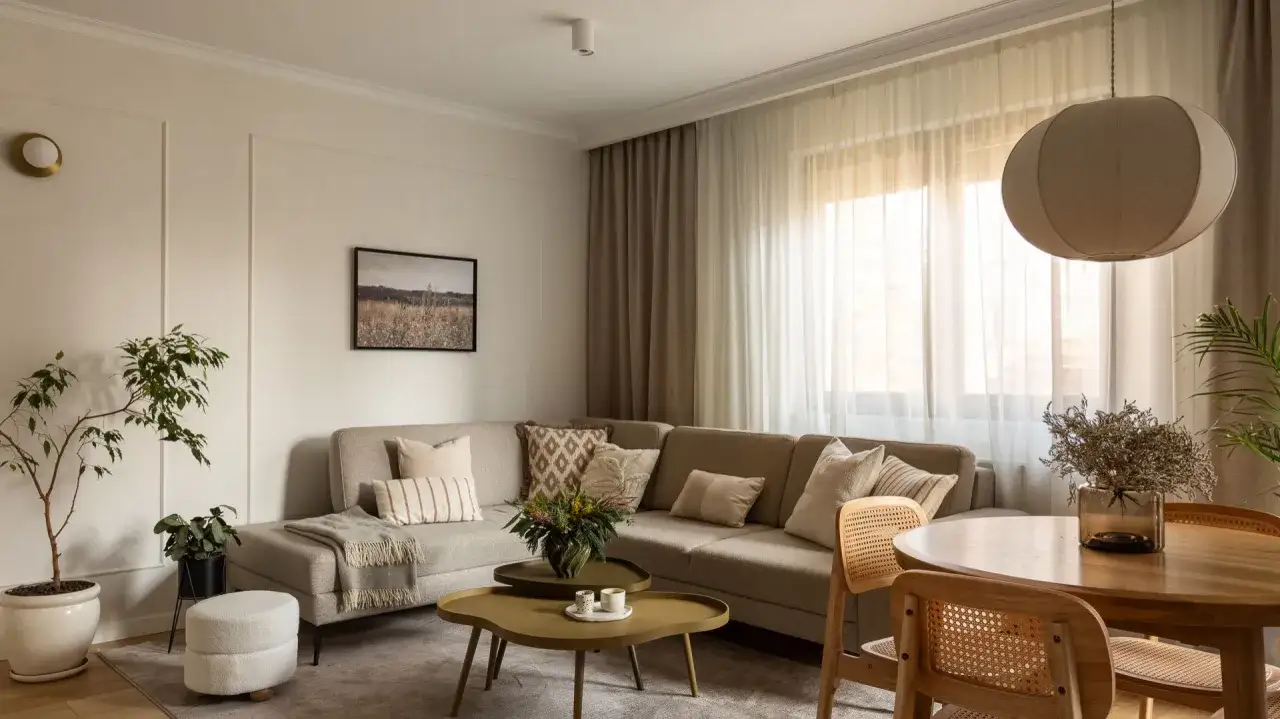 Przytulny salon inspiracje: beżowa sofa narożna, stolik kawowy, drewniany stół z krzesłami, rośliny i obraz na ścianie.