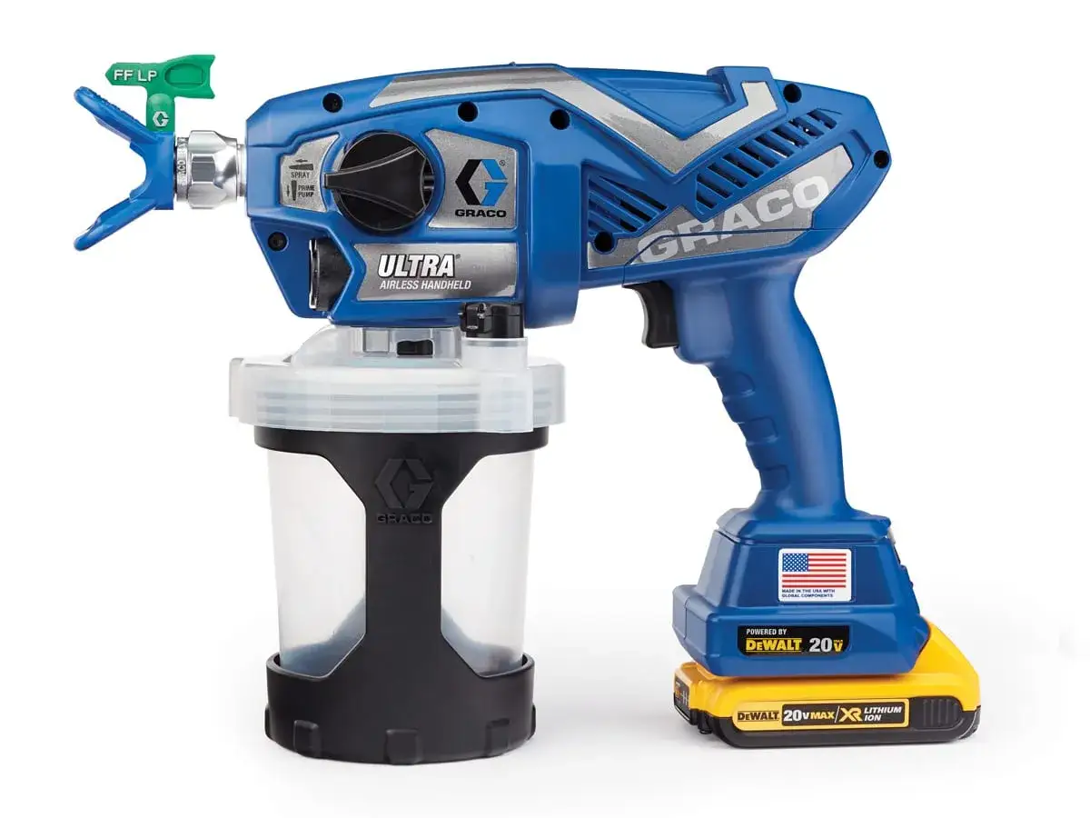 Profesjonalny pistolet do malowania ścian Graco Ultra Airless Handheld zasilany akumulatorem DeWalt 20V.