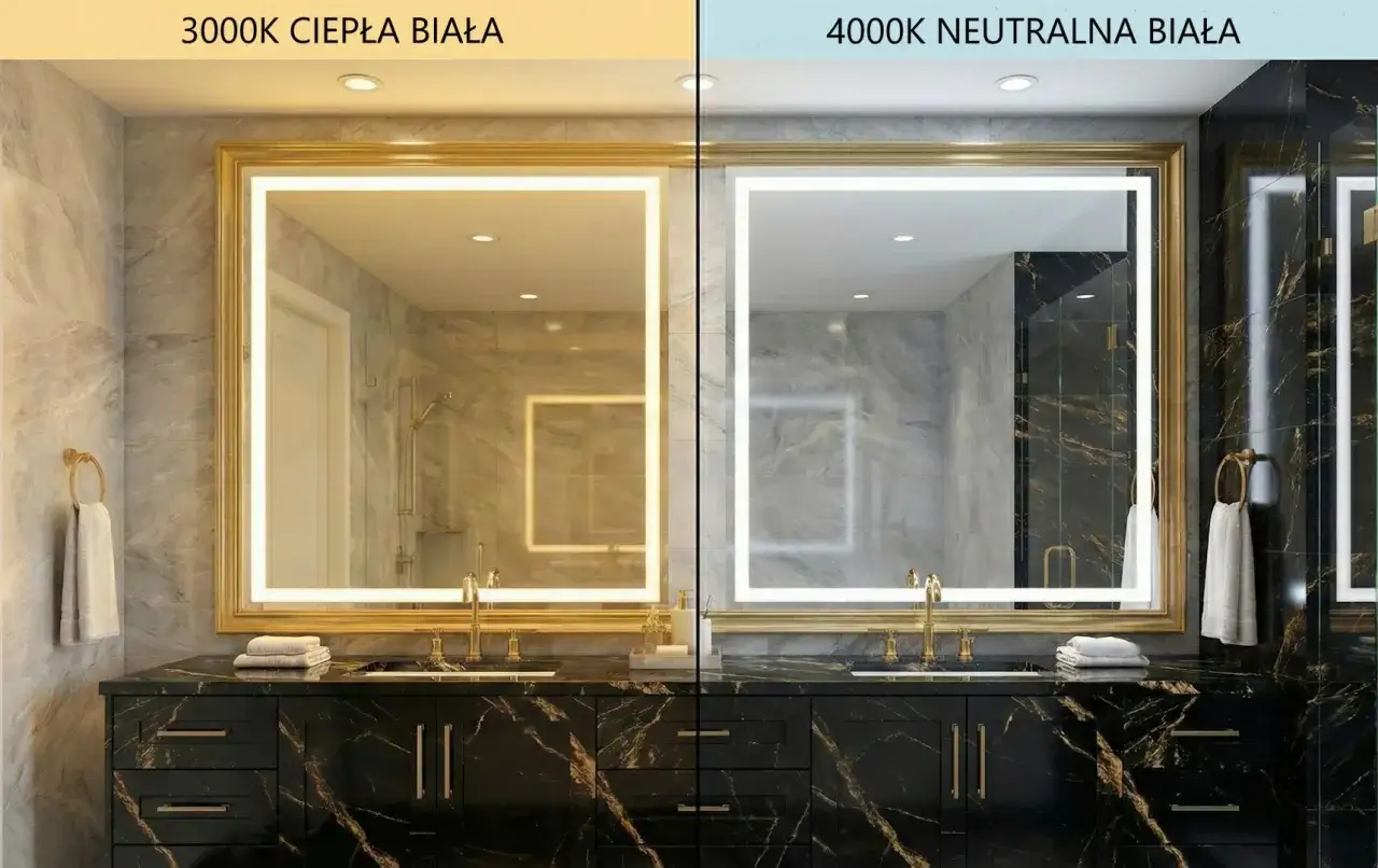 Por&oacute;wnanie: jaka barwa światła do łazienki &ndash; ciepła biała (3000K) i neutralna biała (4000K). Elegancka łazienka z marmurowymi blatami i złotymi dodatkami.