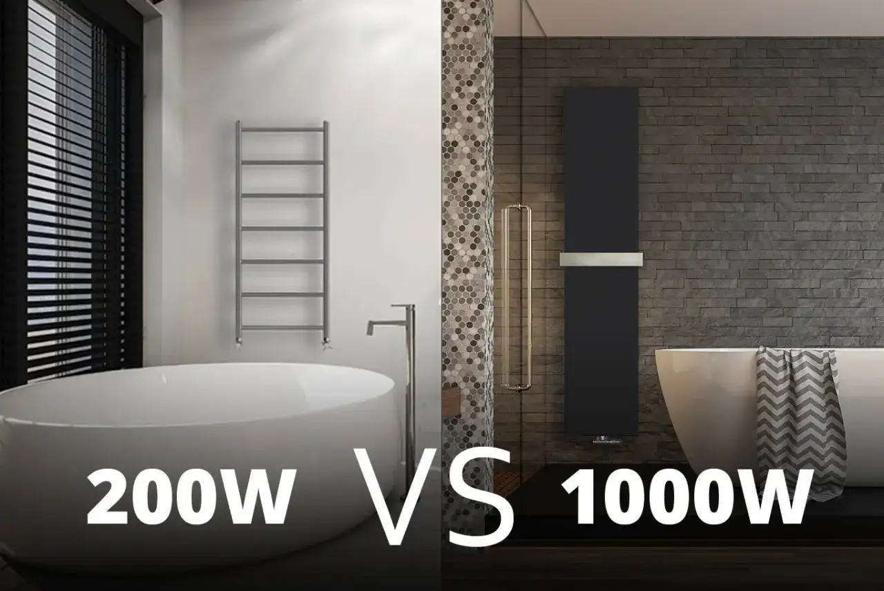 Porównanie: jaka moc grzejnika do łazienki? Elegancka łazienka z grzejnikiem 200W vs nowoczesna z mocą 1000W.