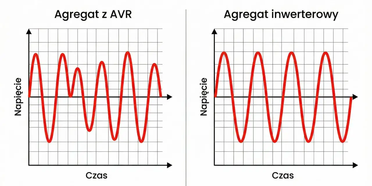 Wykresy porównujące agregat z AVR (niestabilne napięcie) i agregat inwertorowy (stabilne napięcie).