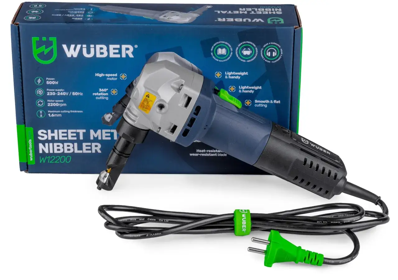 WUBER W12200 – jakie nożyce do blachy? Lekkie, poręczne, z silnikiem 500W i ostrzem odpornym na zużycie. Idealne do cięcia blachy do 1.6mm.