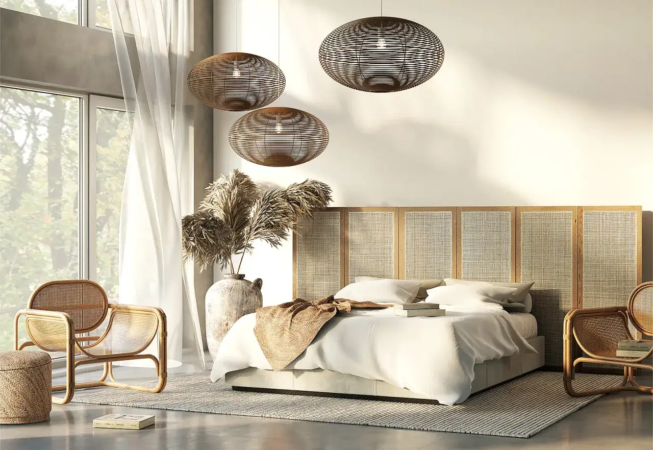 Przytulna sypialnia w stylu boho z rattanowymi meblami, plecionymi lampami i bukietem traw.