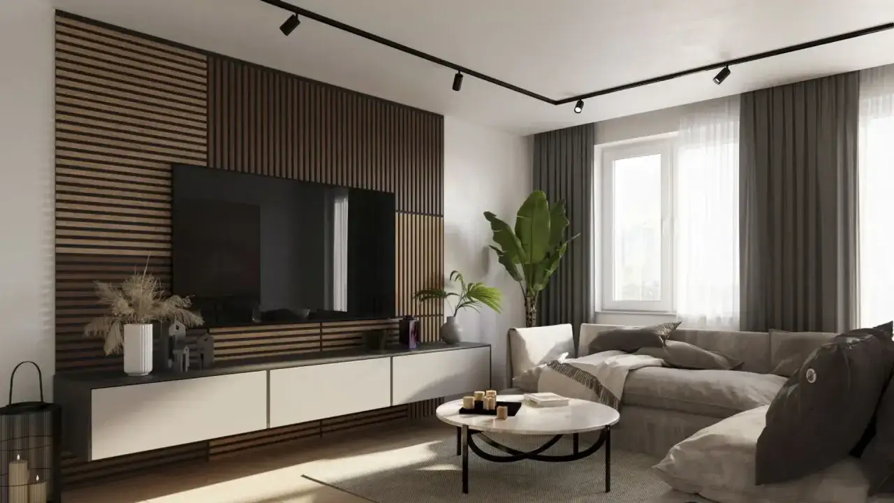 Nowoczesny salon z drewnianą boazerią jako pomysł na ścianę. Wygodna kanapa, stolik kawowy i rośliny tworzą przytulną atmosferę.