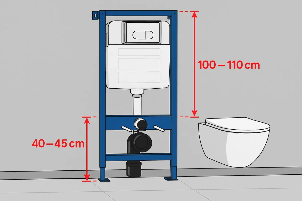 Schemat instalacji podtynkowej. Widzimy stelaż Geberit z rezerwuarem i przyłączami, obok wisząca miska WC. Wymiary montażowe: 100-110 cm (wysokość), 40-45 cm (od podłogi).