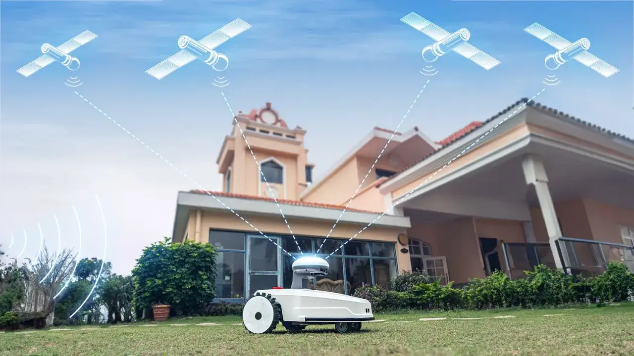 Robot koszący odbiera sygnały z satelit&oacute;w, pokazując, jak działa jego nawigacja GPS.