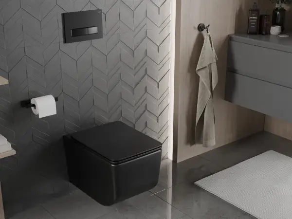 Nowoczesna łazienka z czarnym, podwieszanym WC. Zobacz, jak zamontować stelaż WC i cieszyć się minimalistycznym designem.