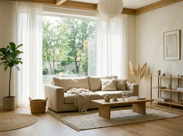 Salon w stylu japandi: jasna kanapa, drewniany stolik kawowy, pleciony kosz i rośliny tworzą przytulną atmosferę.