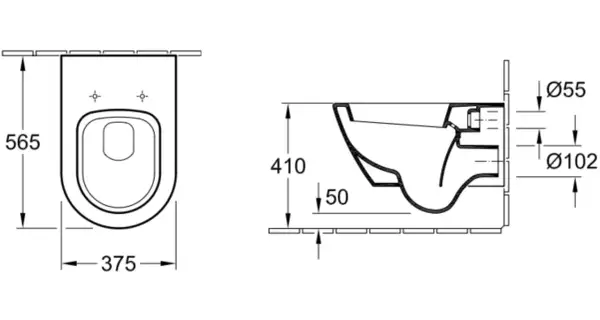 Rysunek techniczny miski WC. Wymiary: szerokość 375 mm, wysokość miski WC 565 mm, wysokość do górnej krawędzi 410 mm. Średnice przyłączy: 55 mm i 102 mm.