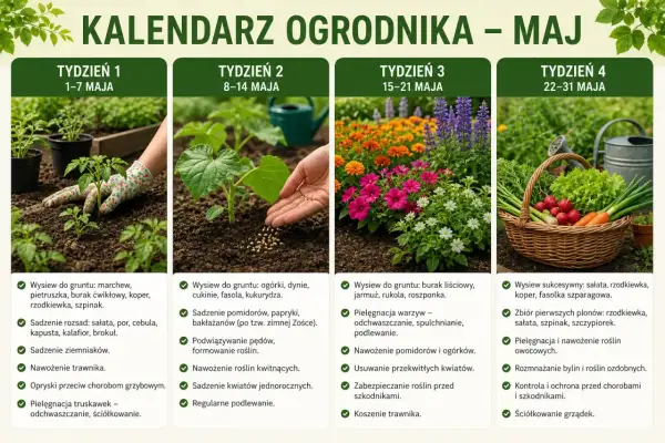 Majowy kalendarz ogrodnika: co kiedy sadzić, od wysiewu warzyw po pielęgnację kwiatów i trawnika.