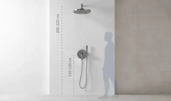 Wysokość baterii wannowej: deszczownica 200-220 cm, panel sterujący 110-130 cm. Sylwetka pokazuje idealne dopasowanie.