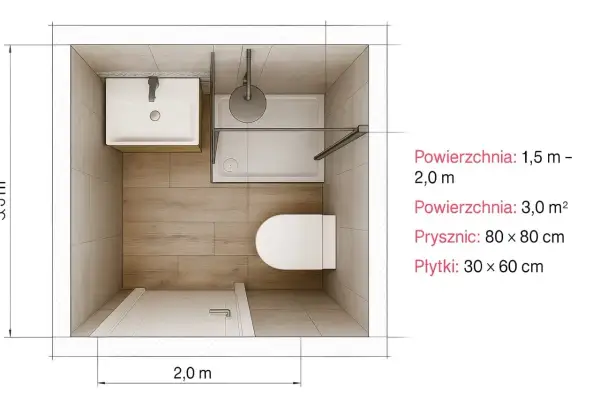 Kompaktowa łazienka 1,5x1,5 m z umywalką, toaletą i prysznicem 80x80 cm. Drewnopodobne płytki 30x60 cm.