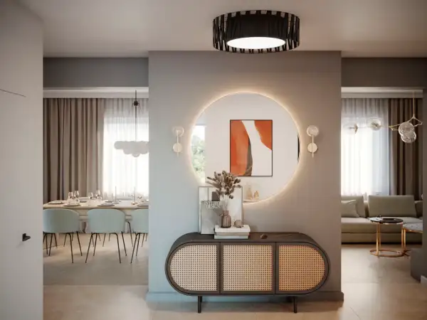 Nowoczesny przedpokój inspiracje ściany: okrągłe lustro z podświetleniem, rattanowa komoda i jadalnia w tle.