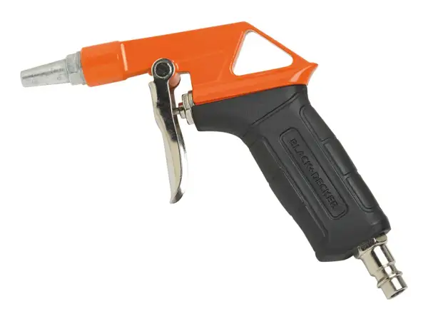 Pistolet do przedmuchiwania Black+Decker, firmy znanej z narzędzi, z pomarańczową obudową i czarną rękojeścią.