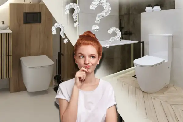 Zastanawiasz się, jaki **wc wiszący do ilu kg** wybrać? Dwa nowoczesne wc, jeden podwieszany, drugi stojący, a nad nimi znaki zapytania.