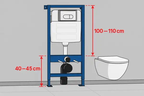 Stelaż WC z podwieszaną miską. Wymiary montażowe: 100-110 cm wysokości, 40-45 cm od podłogi do dolnej części stelaża.