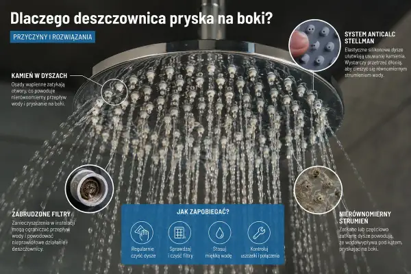 Jak odkamienić deszczownicę? Kamień w dyszach i zabrudzone filtry powodują nierównomierny strumień. Regularnie czyść dysze i filtry, by cieszyć się idealnym prysznicem.